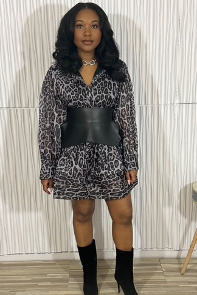 grey and black leopard print dress Silver Animal Tie Front Midi Dress